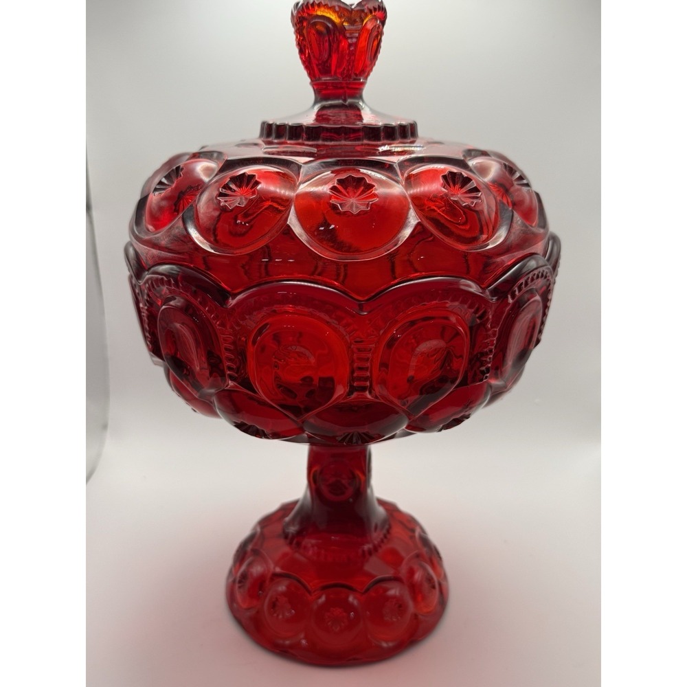 Vintage L E Smith Amberina Ruby Red Moon & Stars 12" Pedestal Dish With Lid